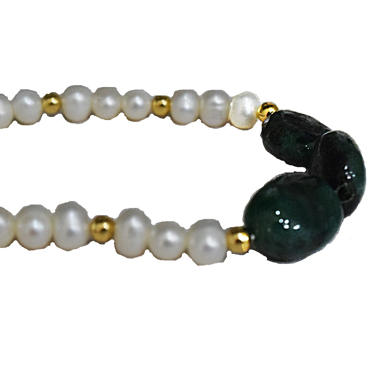 3 Big Real Green Oval Emerald, Freshwater Pearl & Gold Plated Bracelet for Women (SB56)