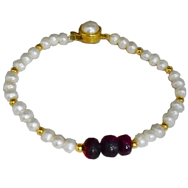 3 Big Real Red Button Ruby, Freshwater Pearl & Gold Plated Bracelet for Women, Red (SB57)