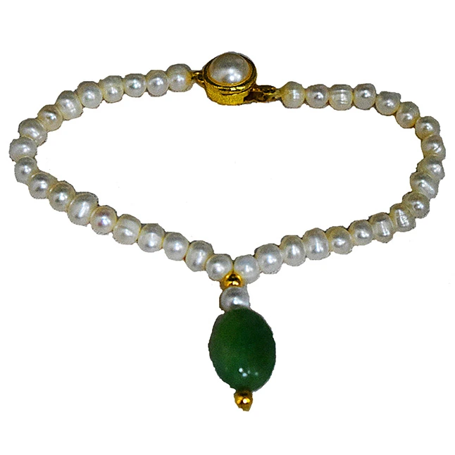 Single Real Big Green Oval Emerald, Freshwater Pearl & Gold Plated Bracelet for Women (SB58)