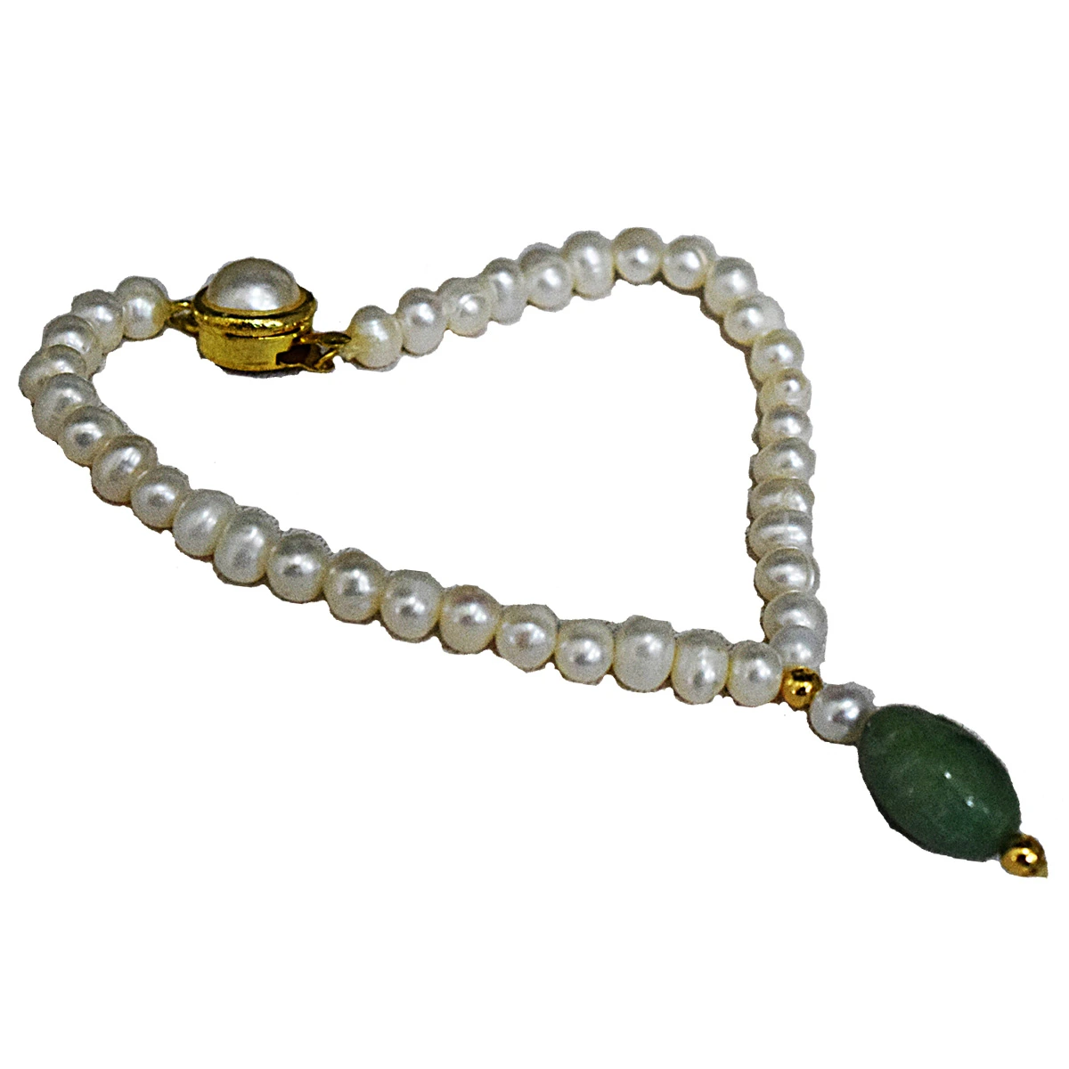 Single Real Big Green Oval Emerald, Freshwater Pearl & Gold Plated Bracelet for Women (SB58)