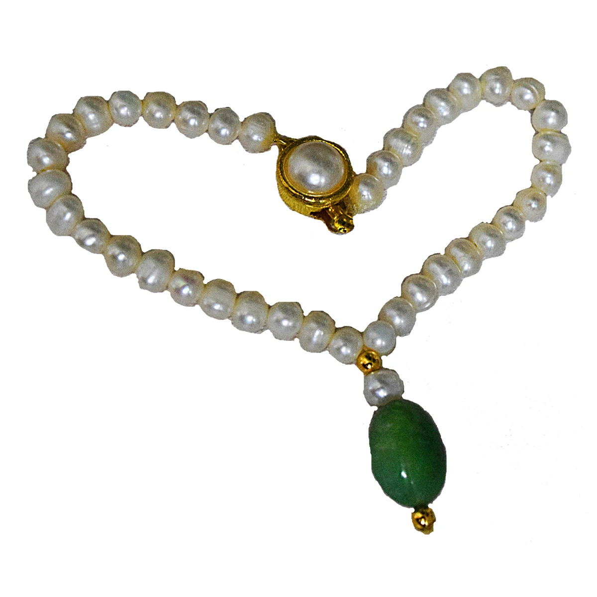 Single Real Big Green Oval Emerald, Freshwater Pearl & Gold Plated Bracelet for Women (SB58)