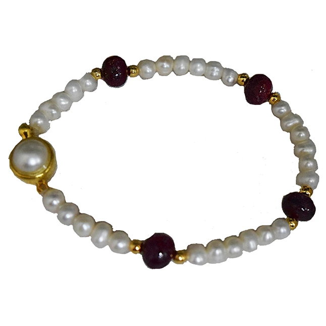 4 Real Red Button Ruby, Freshwater Pearl & Gold Plated Bracelet for Women (SB59)