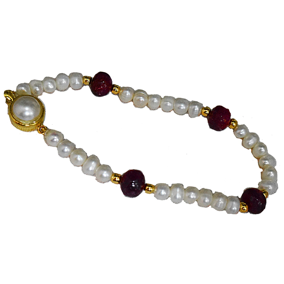 4 Real Red Button Ruby, Freshwater Pearl & Gold Plated Bracelet for Women (SB59)