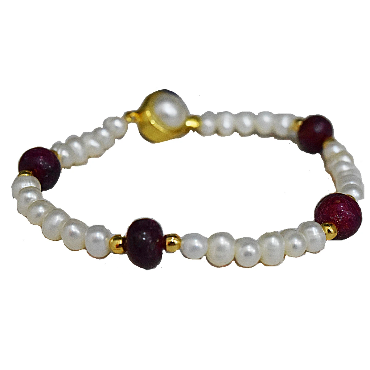 4 Real Red Button Ruby, Freshwater Pearl & Gold Plated Bracelet for Women (SB59)