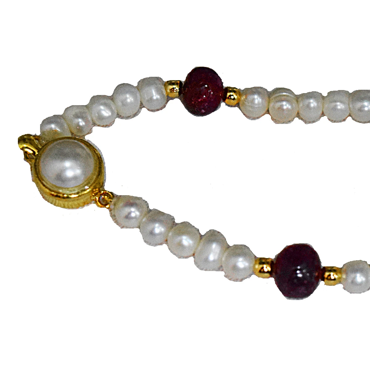 4 Real Red Button Ruby, Freshwater Pearl & Gold Plated Bracelet for Women (SB59)