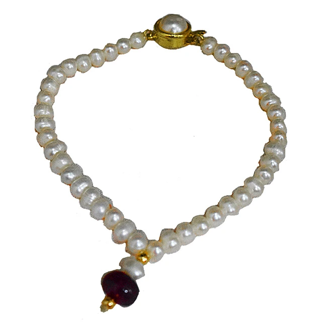 Single Real Red Button Ruby, Freshwater Pearl & Gold Plated Bracelet for Women (SB60)