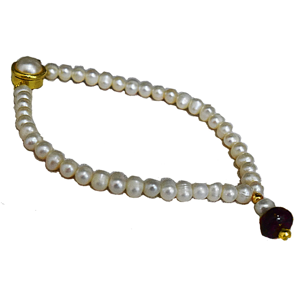 Single Real Red Button Ruby, Freshwater Pearl & Gold Plated Bracelet for Women (SB60)