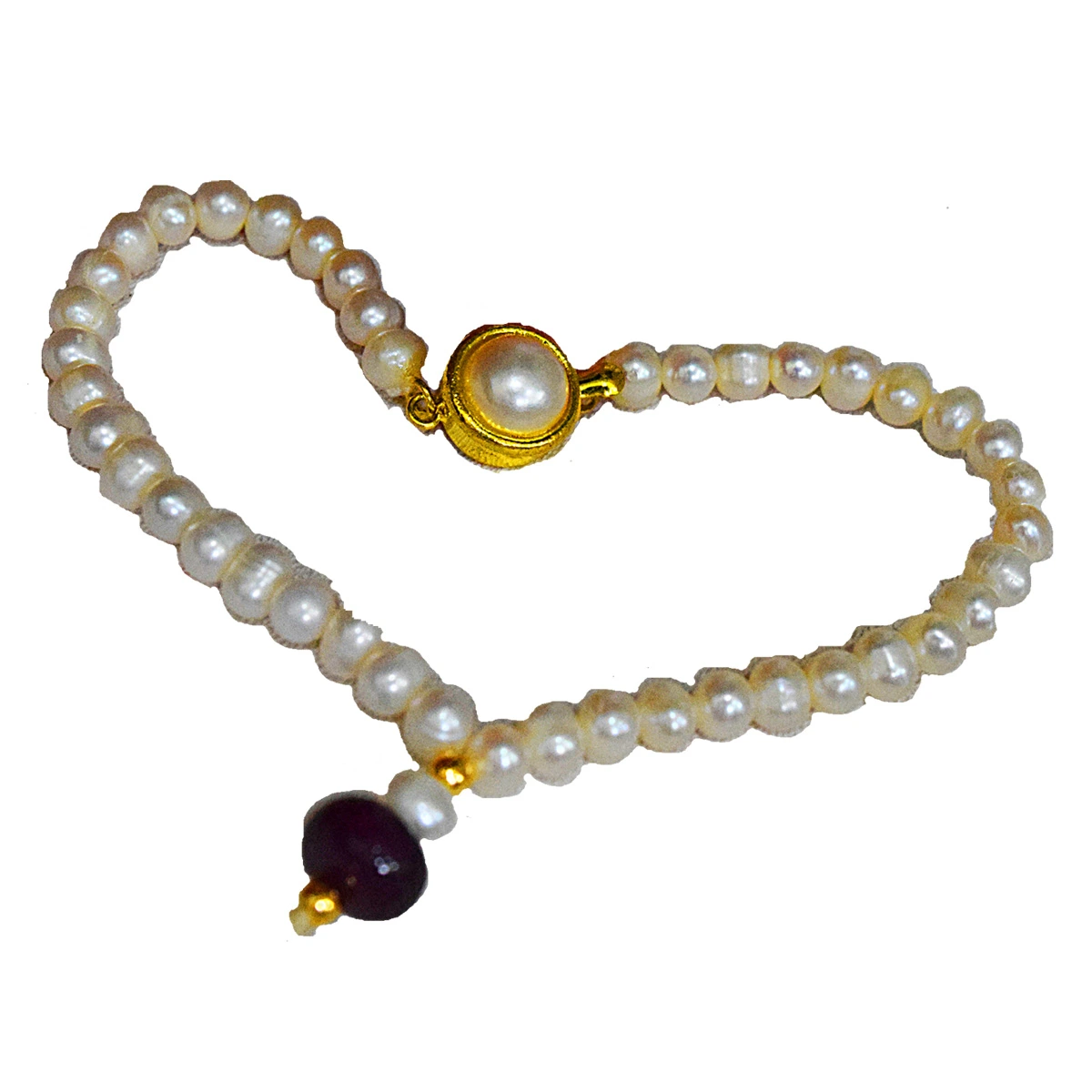 Single Real Red Button Ruby, Freshwater Pearl & Gold Plated Bracelet for Women (SB60)