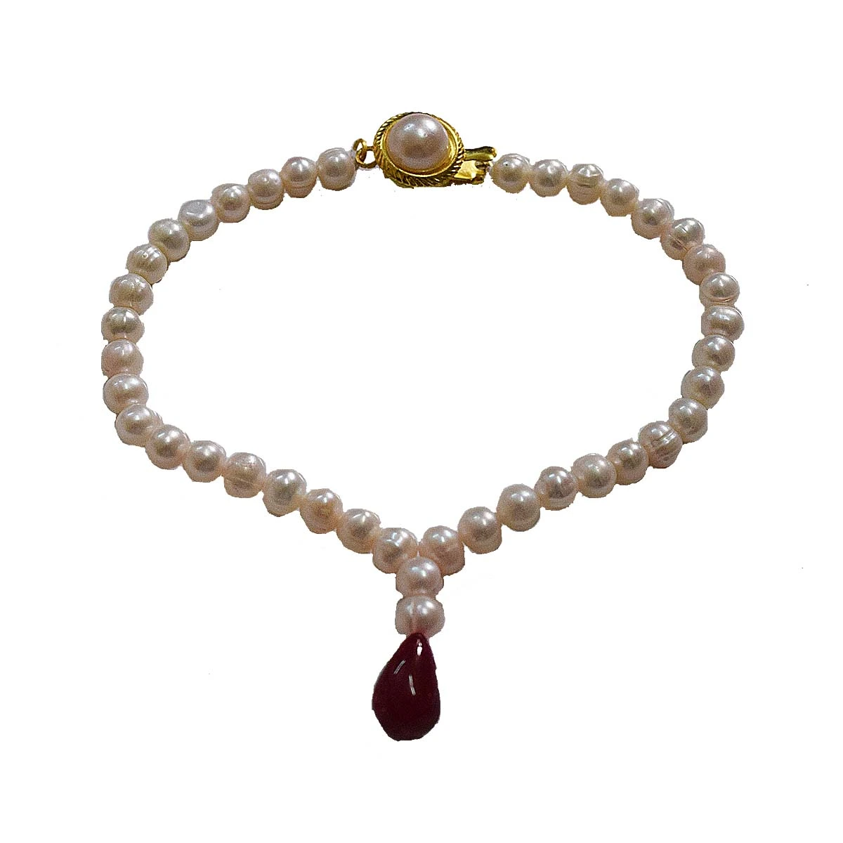 Single Line Real Pearl and Drop Ruby Necklace, Earrings, Bracelet Set (SN129+SE389+SB61)