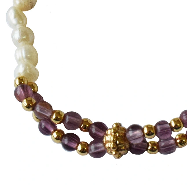 Royal Radiance: Freshwater Pearl, Purple Bead & Gold-Plated Elegance Bracelet (SB79)