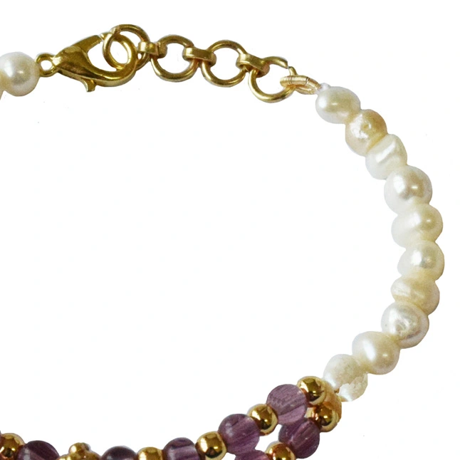 Royal Radiance: Freshwater Pearl, Purple Bead & Gold-Plated Elegance Bracelet (SB79)