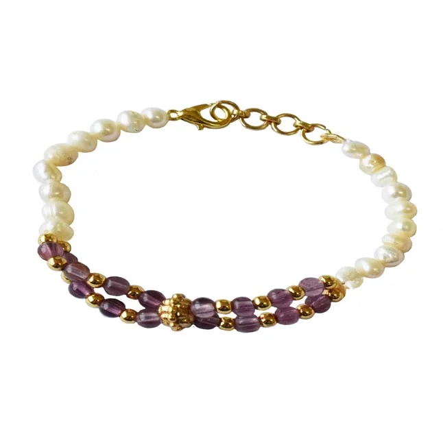 Royal Radiance: Freshwater Pearl, Purple Bead & Gold-Plated Elegance Bracelet (SB79)