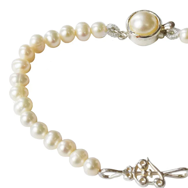 Divine Tranquility: Freshwater Pearl & Silver Om-Trishul Pendant Bracelet for Her (SB83)