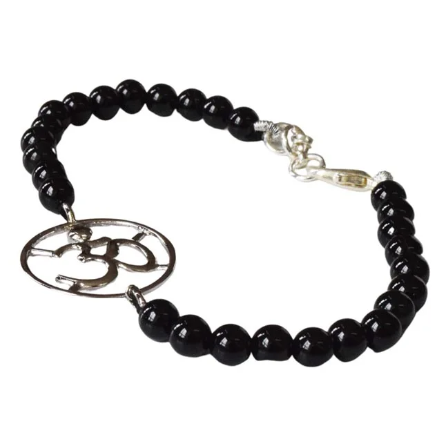 Mystic Charm: Black Onyx & Silver Om Pendant Bracelet for Her (SB84)