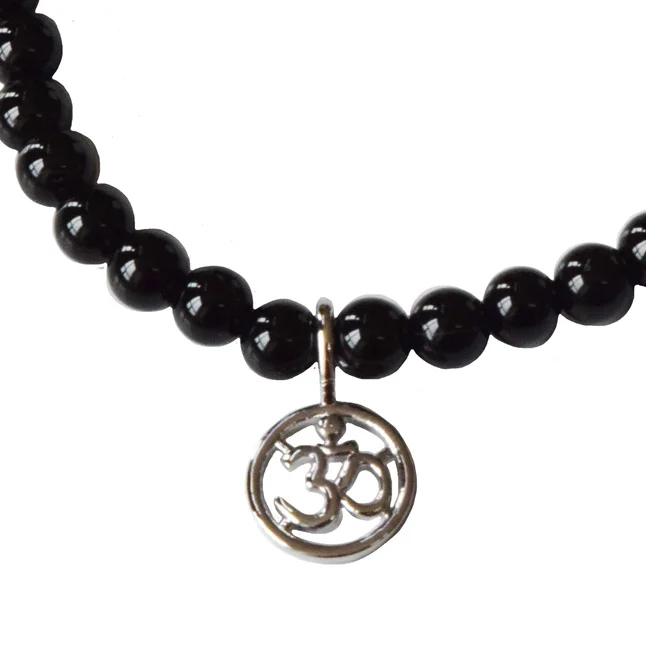 Mystical Serenity: Black Onyx Bracelet with 925 Silver Om Pendant and Silver-Plated Clasp - Embrace Inner Peace & Elegance (SB87)