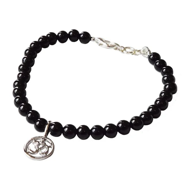 Mystical Serenity: Black Onyx Bracelet with 925 Silver Om Pendant and Silver-Plated Clasp - Embrace Inner Peace & Elegance (SB87)