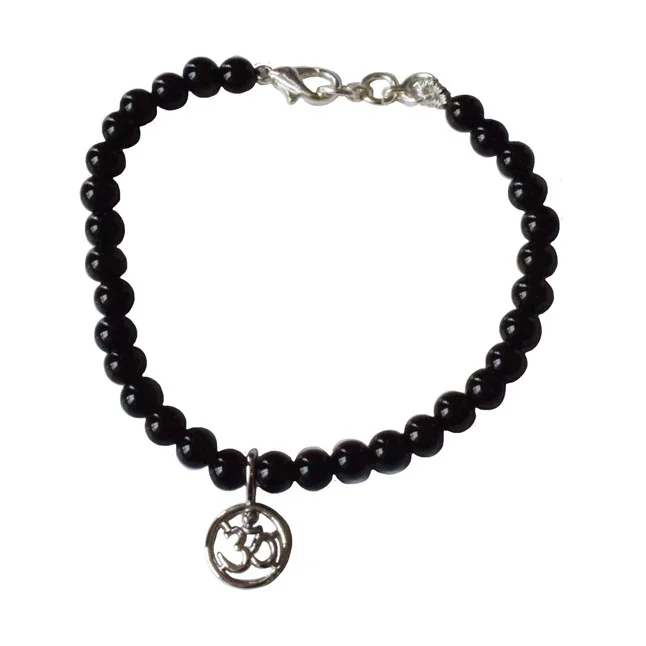 Mystical Serenity: Black Onyx Bracelet with 925 Silver Om Pendant and Silver-Plated Clasp - Embrace Inner Peace & Elegance (SB87)