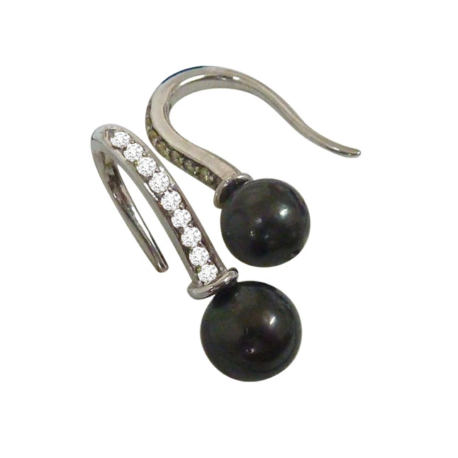 0.22ct Real Diamond & Tahitian Pearl Bali Earring In 925 Sterling Silver (SDE2)