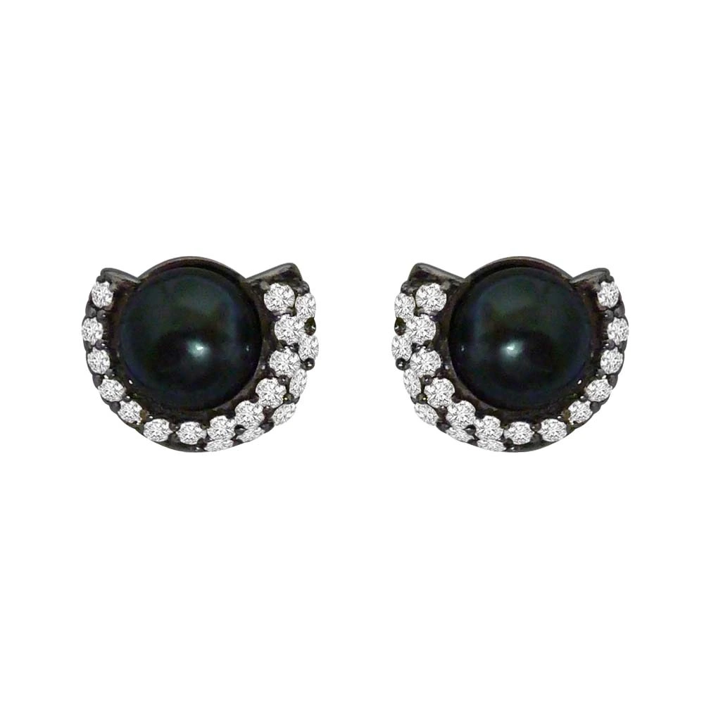 Real Diamond & Tahitian Black Pearl Earring In 925 Silver (SDE4)