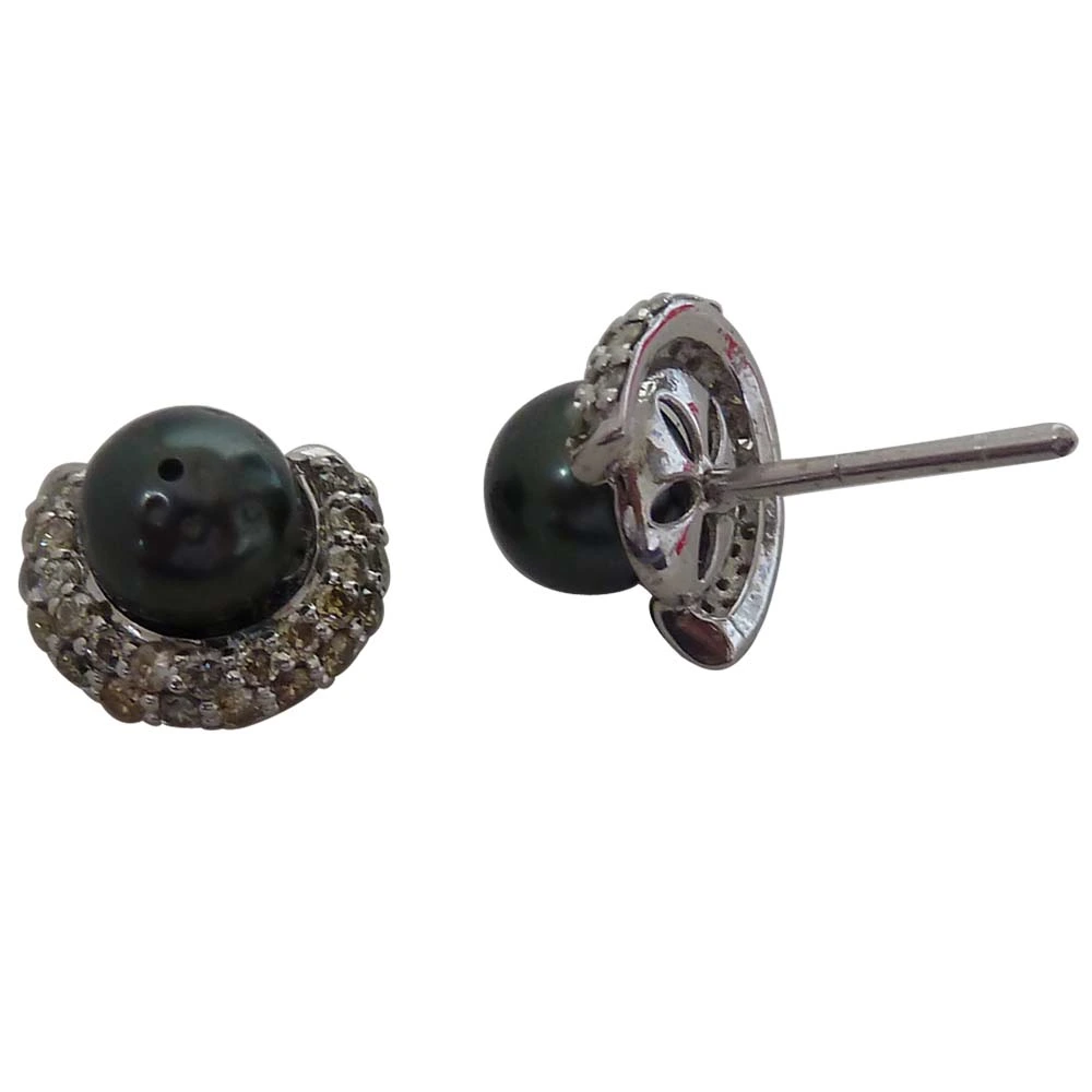 Real Diamond & Tahitian Black Pearl Earring In 925 Silver (SDE4)