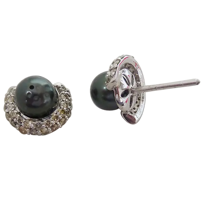 Real Diamond & Tahitian Black Pearl Earring In 925 Silver (SDE4)