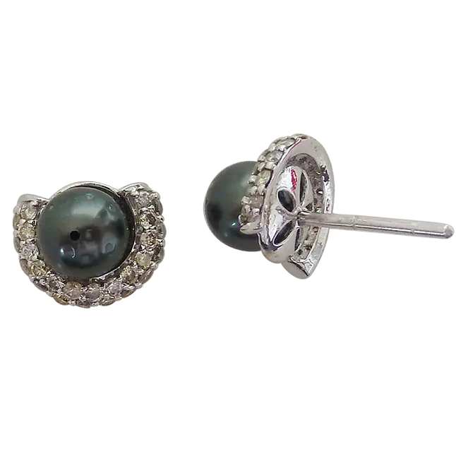 Real Diamond & Tahitian Black Pearl Earring In 925 Silver (SDE4)