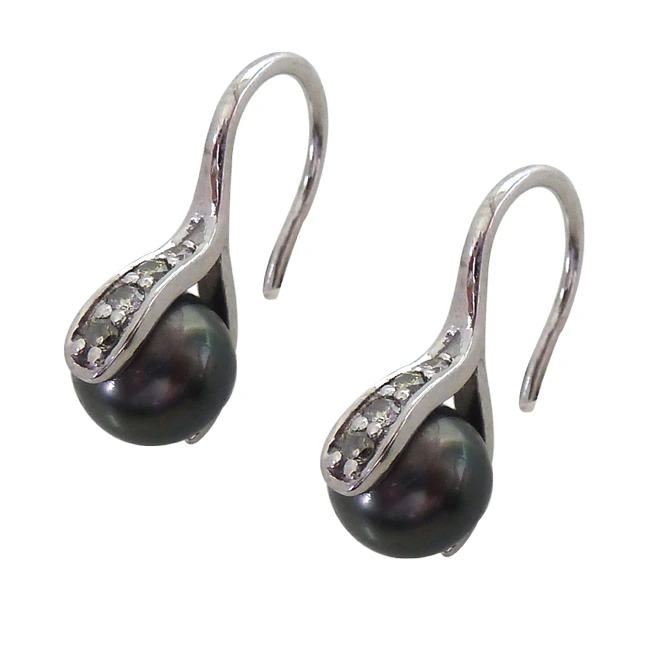 Real Diamond & Tahitian Pearl 925 Silver Bali Fancy Earrings (SDE5)