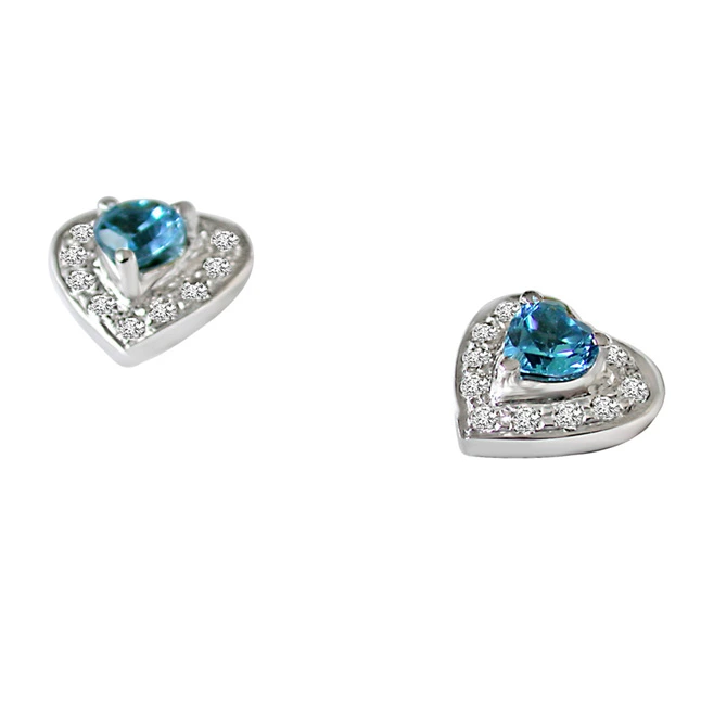 Bond of Blisful Love Real Diamond & Heart Shaped Topaz Silver Earrings (SDE9)