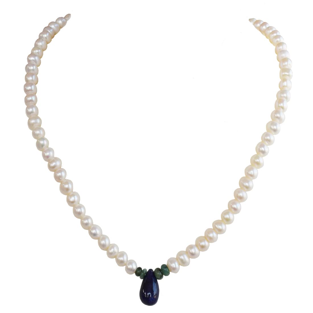 Real Blue Sapphire, Emerald & Freshwater Pearl Necklace for Women (SN541)