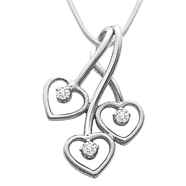 Triple Heart Delight - Real Diamond & Sterling Silver Pendant with 18 IN Chain (SDP1)