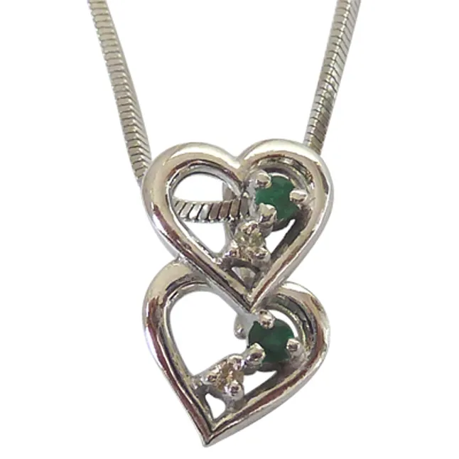 Lifetime of Love - Real Diamond Green Emerald & Silver Pendant with 18 IN Chain (SDP174)
