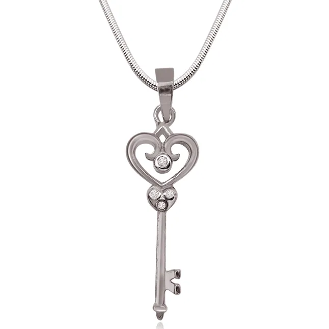 Love Key Sterling Silver Real Diamond Pendant with 18 IN Chain (SDP182)