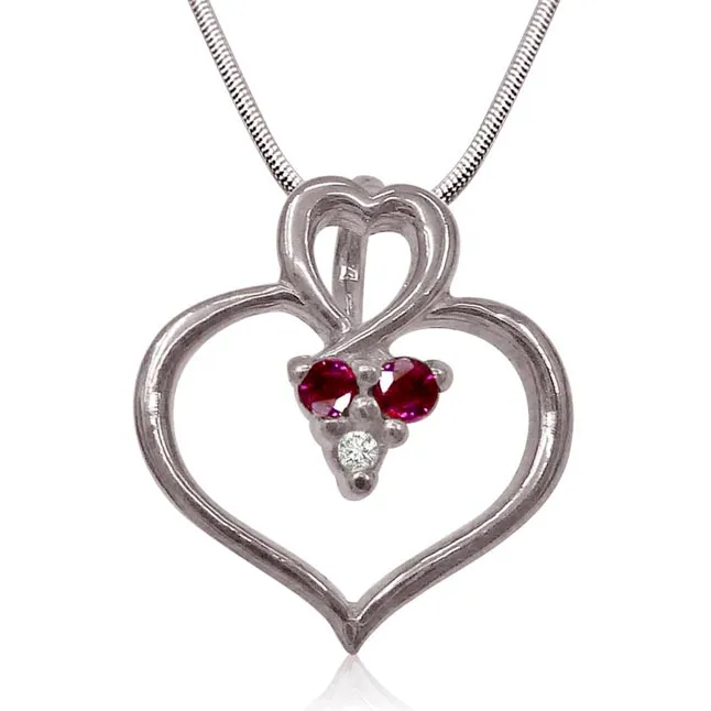 Rosy Heart - Real Diamond, Red Ruby & Sterling Silver Pendant with 18 IN Chain (SDP184)