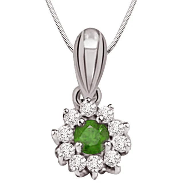 Green Garden - Real Diamond, Green Emerald & Sterling Silver Pendant with 18 IN Chain (SDP187)