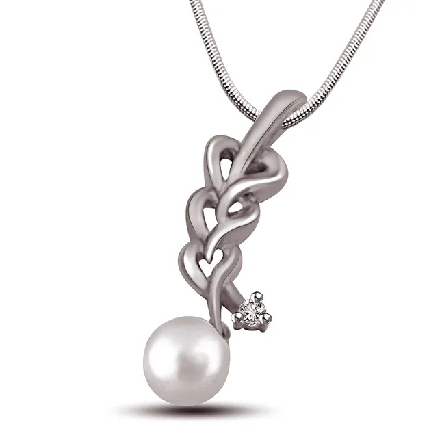 Glittering Pearls - Real Diamond & Sterling Silver Pendant with 18 IN Chain (SDP201)