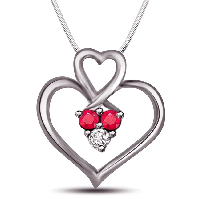 Purity of True Bonding - Real Diamond, Red Ruby & Sterling Silver Pendant with 18 IN Chain (SDP228)