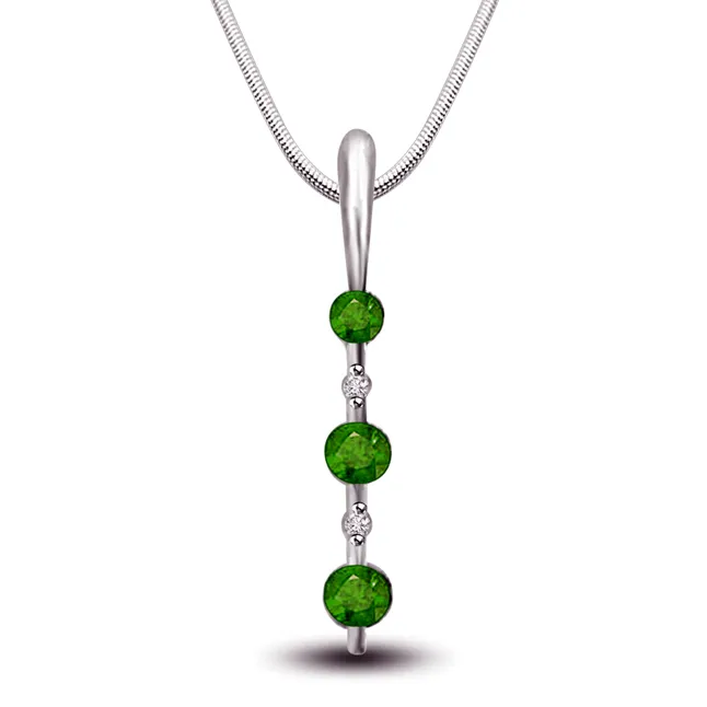 Green Leaves Land - Real Diamond, Green Emerald & Sterling Silver Pendant with 18 IN Chain (SDP229)