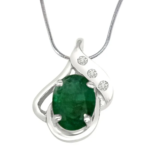 Sweet Connections - Real Diamond, Green Emerald & Sterling Silver Pendant with 18 IN Chain (SDP235)