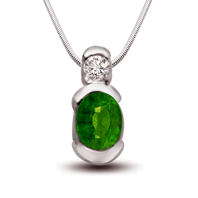 Green Glory - Real Diamond, Green Emerald & Sterling Silver Pendant with 18 IN Chain (SDP237)