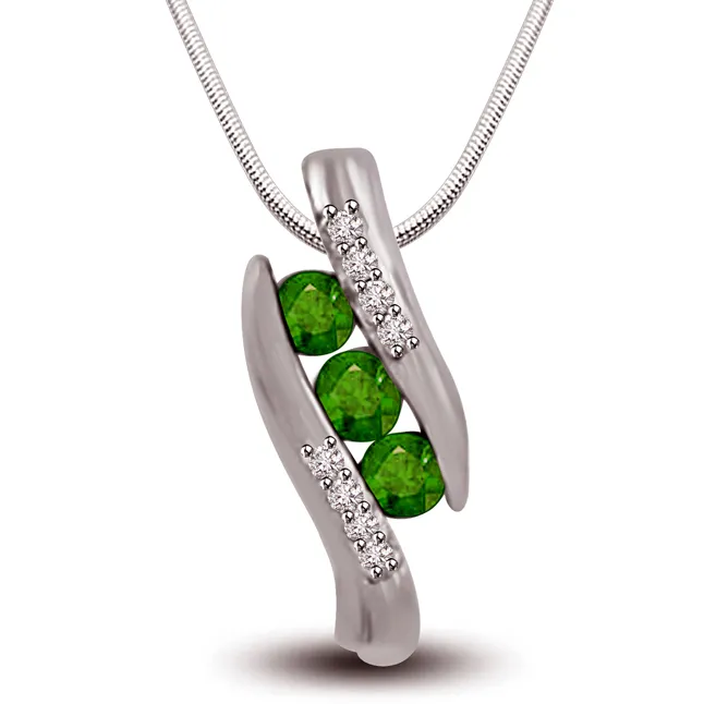 Senorita's Emerald - Real Diamond, Green Emerald & Sterling Silver Pendant with 18 IN Chain (SDP241)