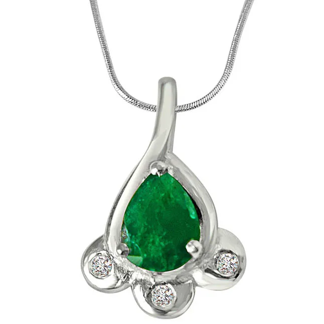 Green Bud - Real Diamond & Green Emerald Pendant in Sterling Silver with 18 IN Chain (SDP245)