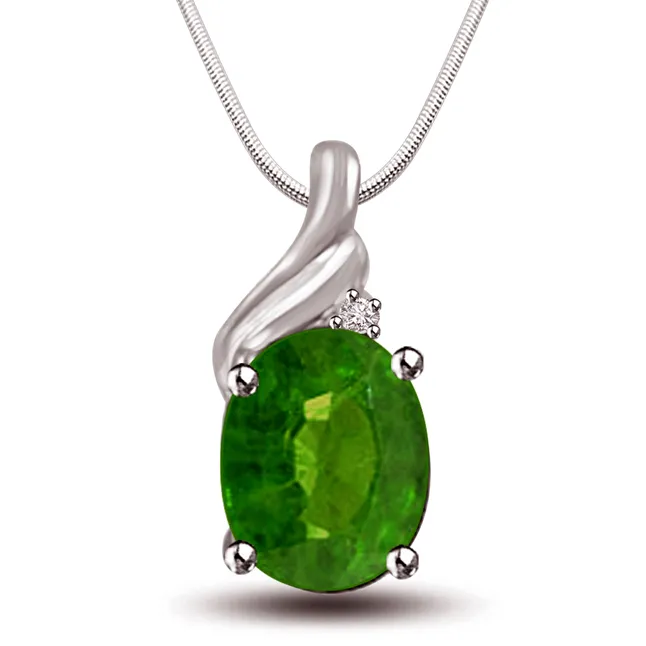 Green Bewitchment - Real Diamond, Green Emerald & Sterling Silver Pendant with 18 IN Chain (SDP246)