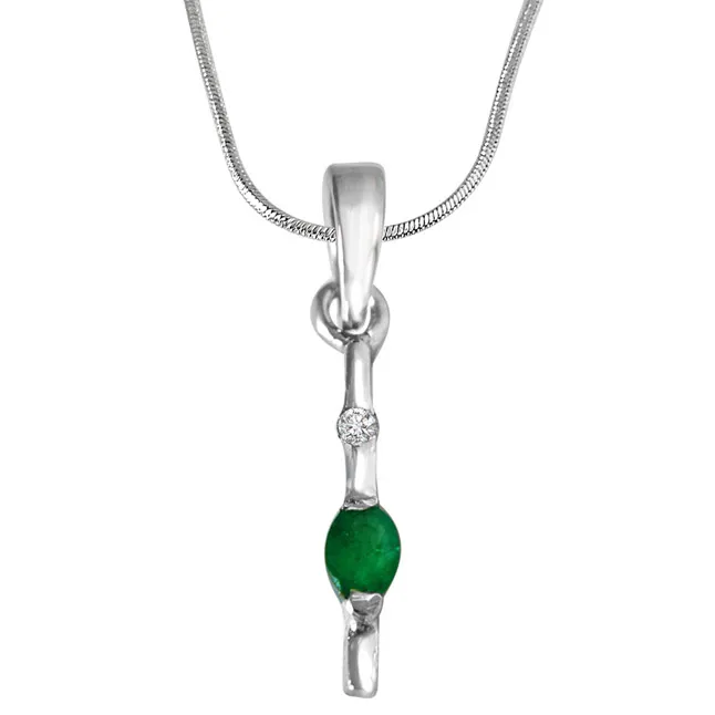 Green Stick - Real Diamond & Green Emerald Pendant in Sterling Silver with 18 IN Chain (SDP247)