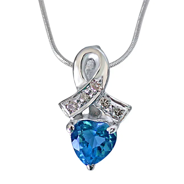 Real Diamond & Heart Shaped Blue Topaz Pendant with 18 IN Chain (SDP254)