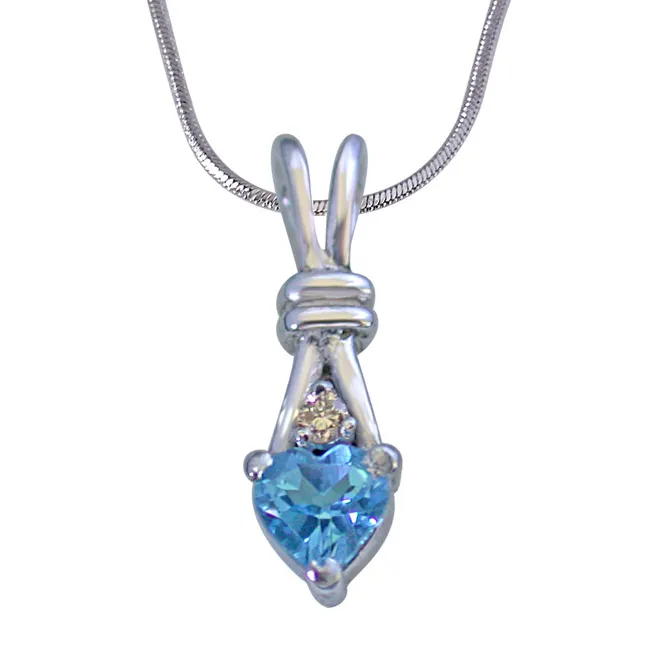 Single Diamond Set with Heart Shape Swiss Blue Topaz 925 Silver Pendant with 18 IN Chain (SDP255)