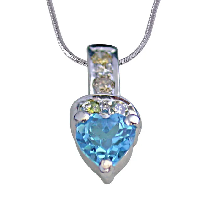 4 Diamonds Set with Heart Shape Swiss Blue Topaz 925 Silver Pendant with 18 IN Chain (SDP256)