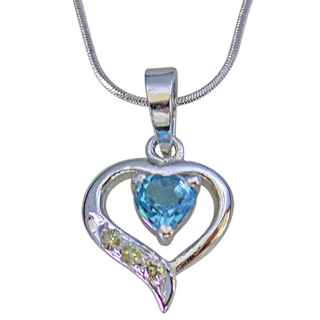 3 Round Diamond Set in 925 Heart Shape Silver with Heart Blue Topaz center Pendant with 18 IN Chain (SDP257)