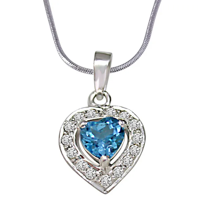 Heart Shaped Blue Topaz & Real Diamond Pendant With 18 IN Chain (SDP258)