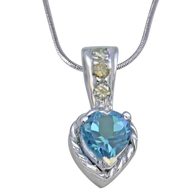 Solitaire Heart Shape Swiss Blue Topaz with 3 Diamond in 925 Silver Pendant with 18 IN Chain (SDP259)