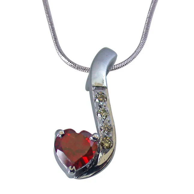 Diamond & Heart Shape Garnet Set in very Engaging manner in 925 Silver Pendant with 18 IN Chain (SDP263)